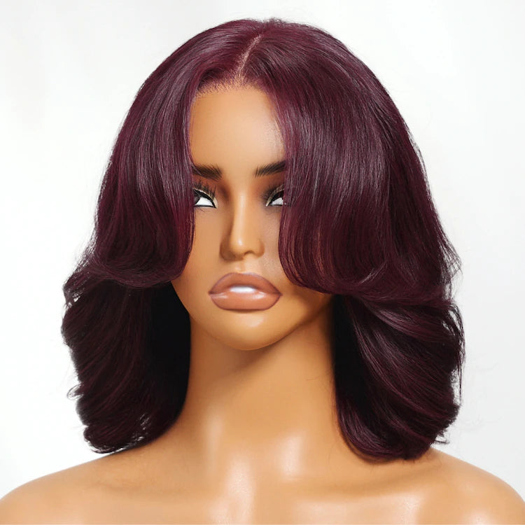 Zherry Berry Black Cherry Red Bob Wig with Curtain Fringe 7x5 Bye Bye Knots Glueless Lace Body Wave
