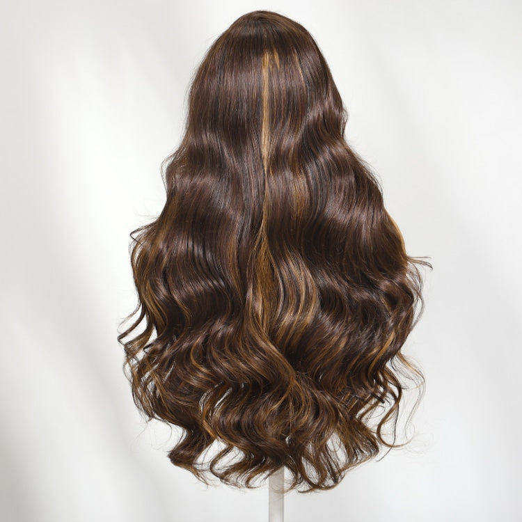 Zabora Lace Frontal Wig Espresso Brown With Blonde Highlights Pre-Everything Human Hair