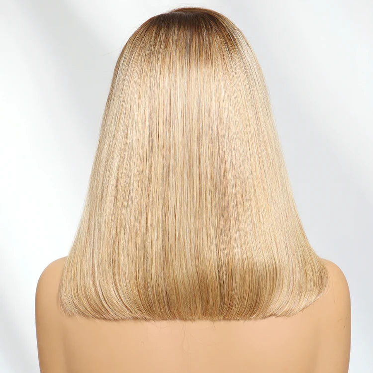 Zunshyne Bye Bye Knots Blonde with Brown Roots Side Part 7×5 Blunt Bob Wig 150% Density