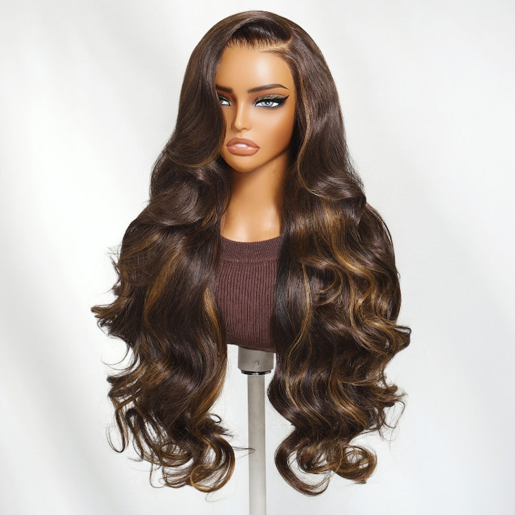 Zabora Lace Frontal Wig Espresso Brown With Blonde Highlights Pre-Everything Human Hair