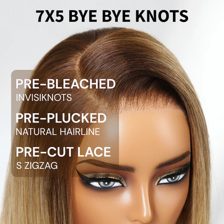 Zunshyne Bye Bye Knots Blonde with Brown Roots Side Part 7×5 Blunt Bob Wig 150% Density