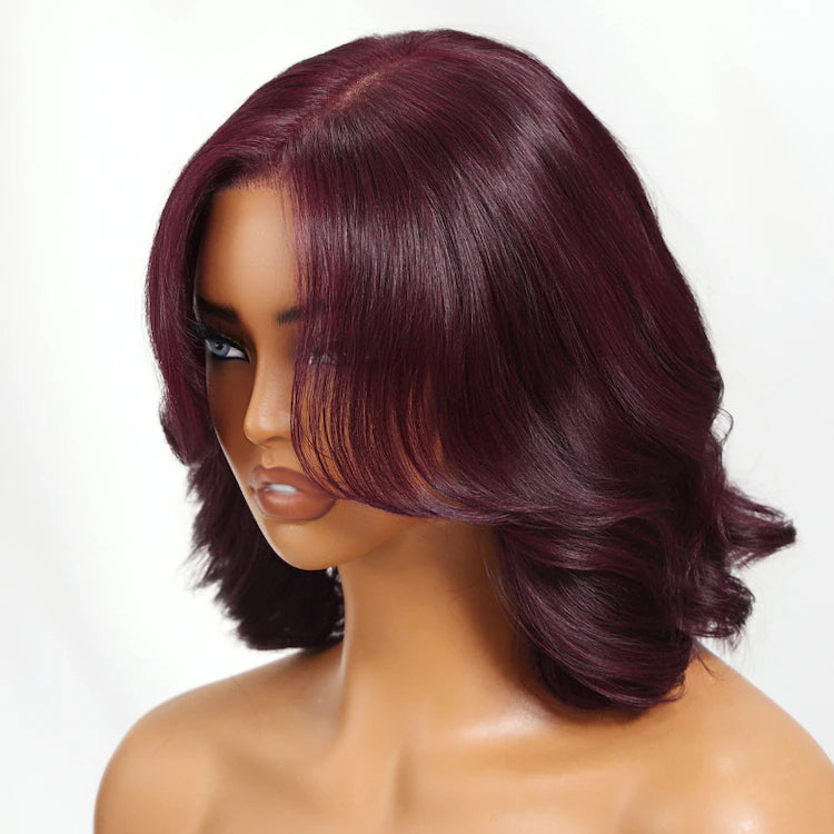 Zherry Berry Black Cherry Red Bob Wig with Curtain Fringe 7x5 Bye Bye Knots Glueless Lace Body Wave