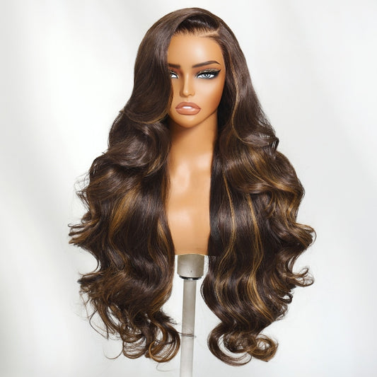 Zabora Lace Frontal Wig Espresso Brown With Blonde Highlights Pre-Everything Human Hair
