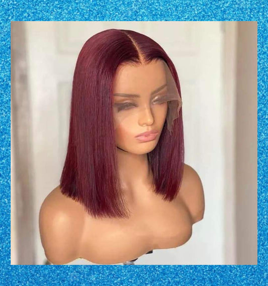 Burgundy Reddish Purple Blunt Cut Lace Bob Wig 100% Human Hair