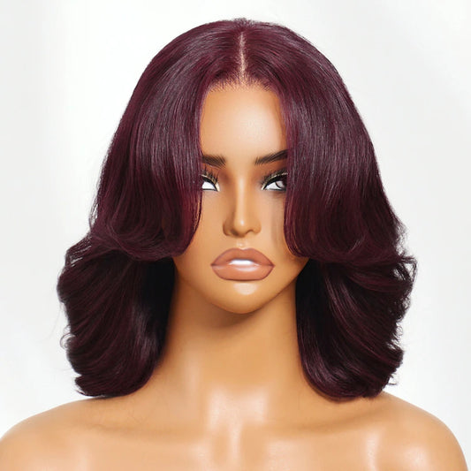 Zherry Berry Black Cherry Red Bob Wig with Curtain Fringe 7x5 Bye Bye Knots Glueless Lace Body Wave
