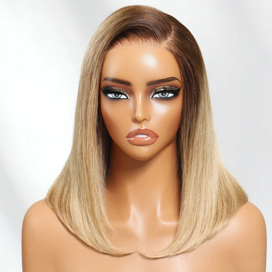 Zunshyne Bye Bye Knots Blonde with Brown Roots Side Part 7×5 Blunt Bob Wig 150% Density